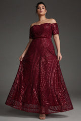 Curveins Plus Size Off-Shoulder Waist Cinched Striped Sequin Maxi Evening Dress