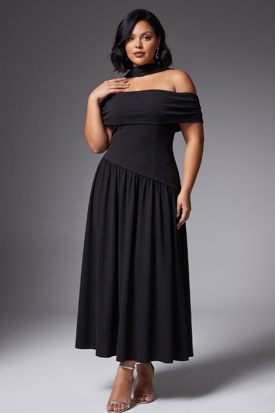 Curveins Plus Size Scarf Neck Off Shoulder Cinched Waist Elegant Maxi Dress