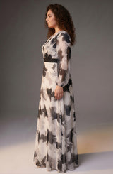 Curveins Plus Size V Neck Maple Leaf Print Long Sleeve Belted Maxi Dress