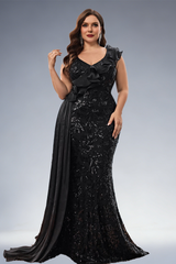 Curveins Plus Size V-Neck Sequin Detail Ruffle Sleeve Body-Fit Maxi Dress