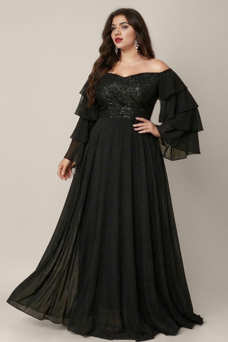 Curveins Plus Size Off Shoulder V Neck Long Sleeve Sequin Patchwork Maxi Dress