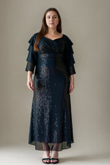 Curveins Plus Size V Neck Long Sleeve Sequin Slim Fit Maxi Dress