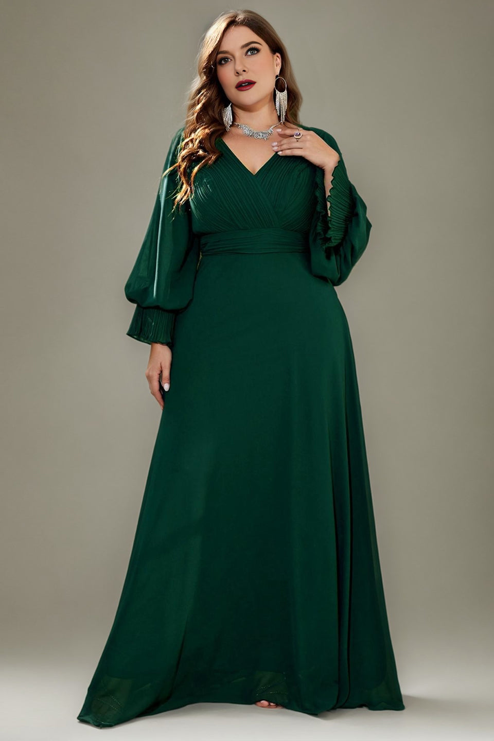 Curveins Plus Size Elegant V-Neck Lantern Sleeve Pleated-Waist Formal Gown