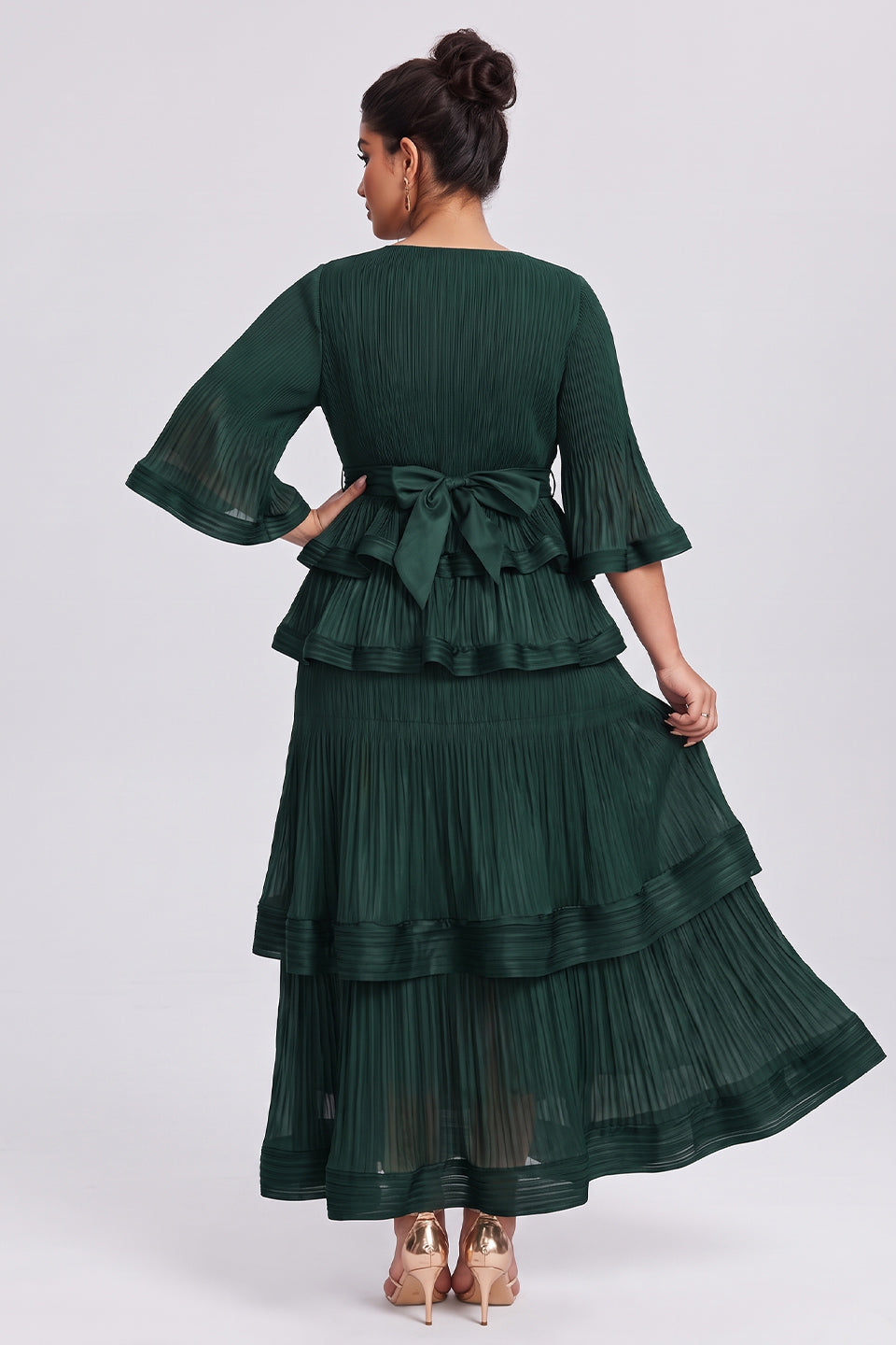 Curveins Plus Size Crew Neck Long Sleeve Ruffle Tiered Skirt Set
