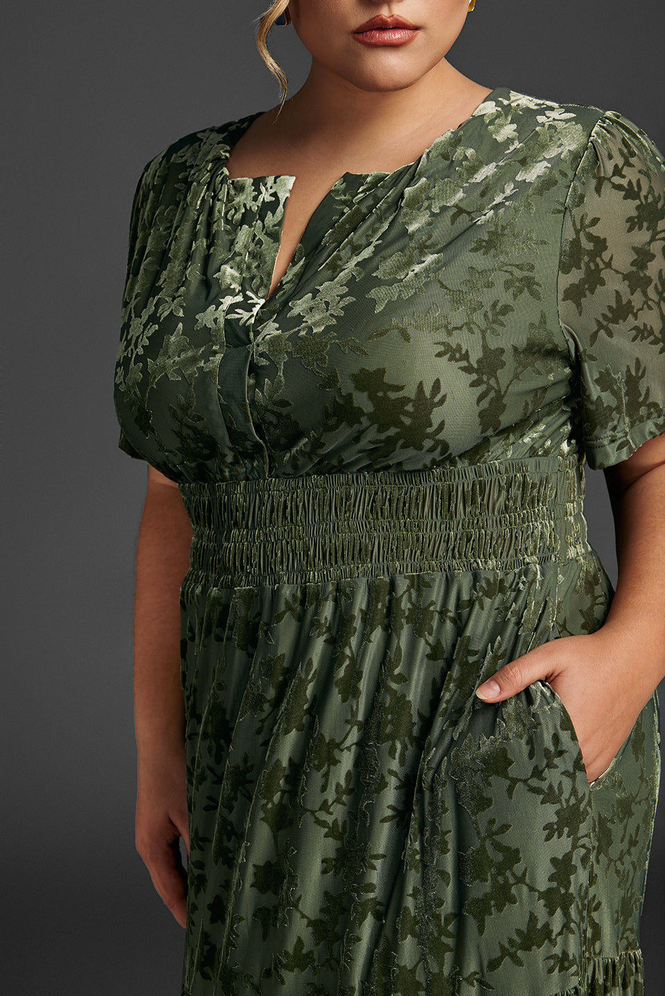 Curveins Plus Size Velvet V-Neck Ruched  Dress