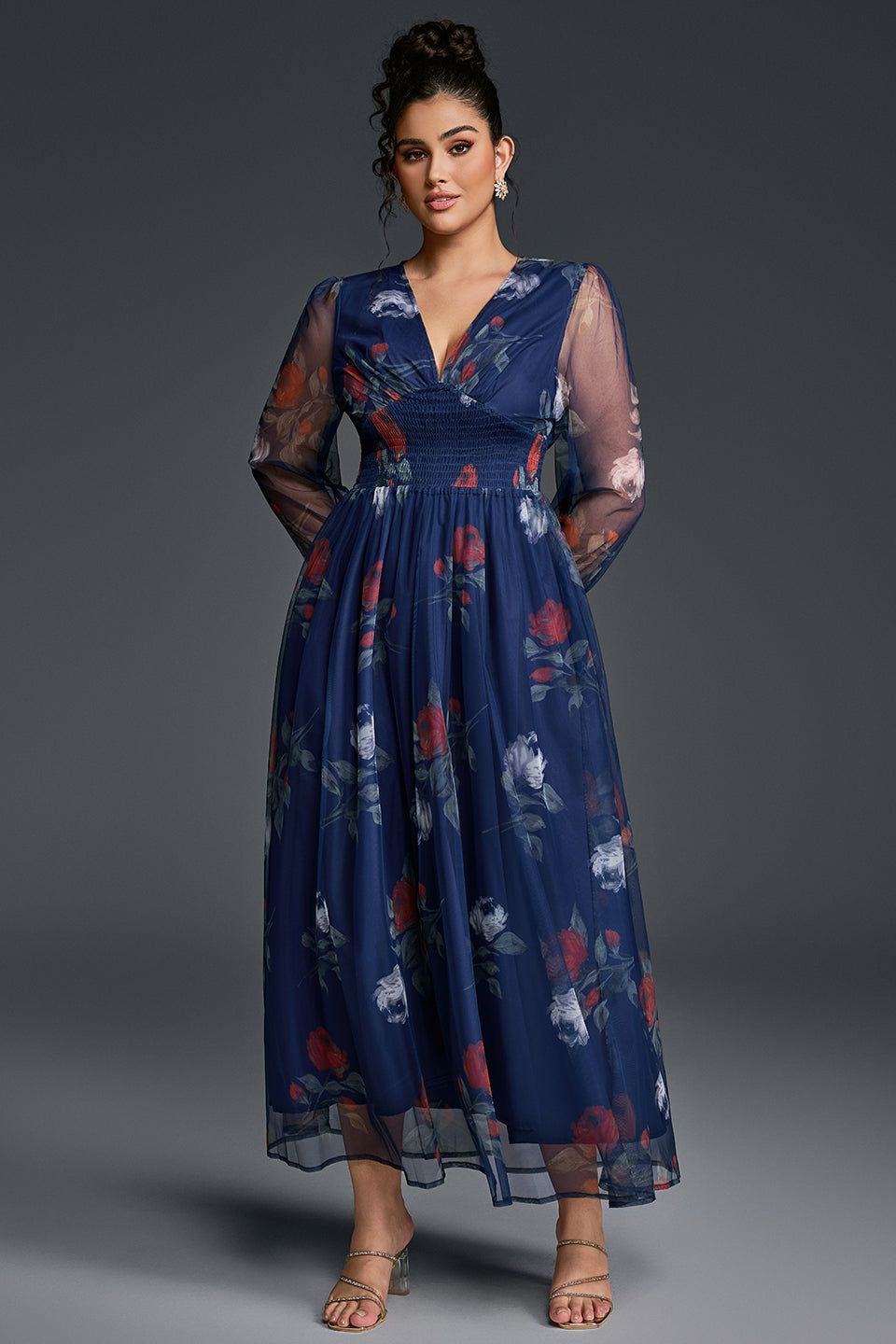 Curveins Plus Size V-Neck Floral Mesh Maxi Dress