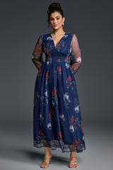 Curveins Plus Size V-Neck Floral Mesh Maxi Dress