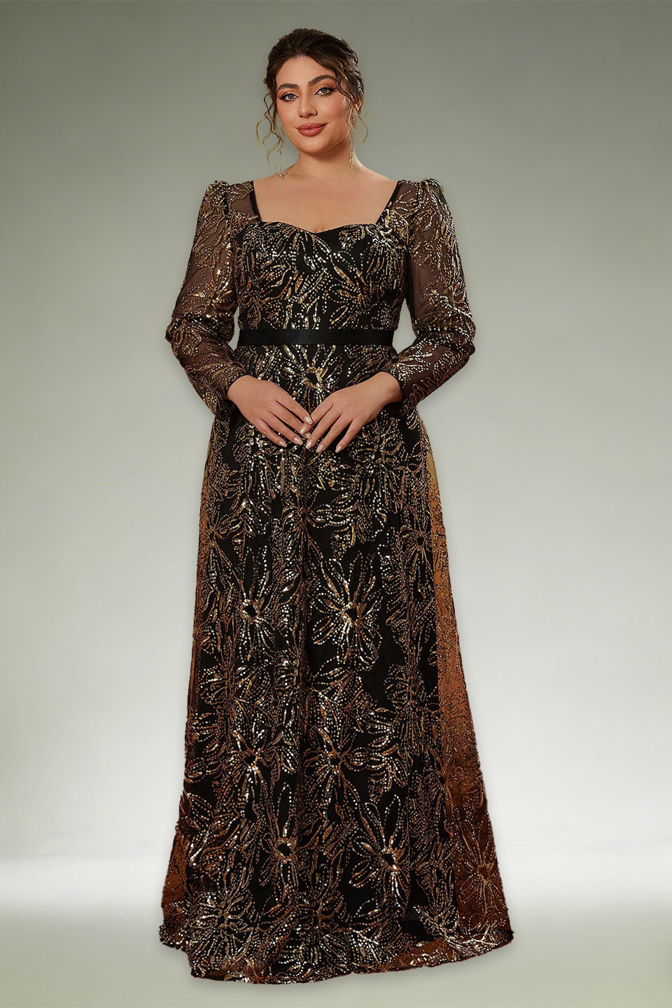 Curveins Plus Size Square Neck Long Sleeve Waist-Defined Sequin Pattern Dress