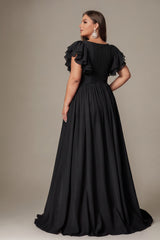 Curveins Plus Size V-Neck Ruffle Sleeve Split A-Line Maxi Dress