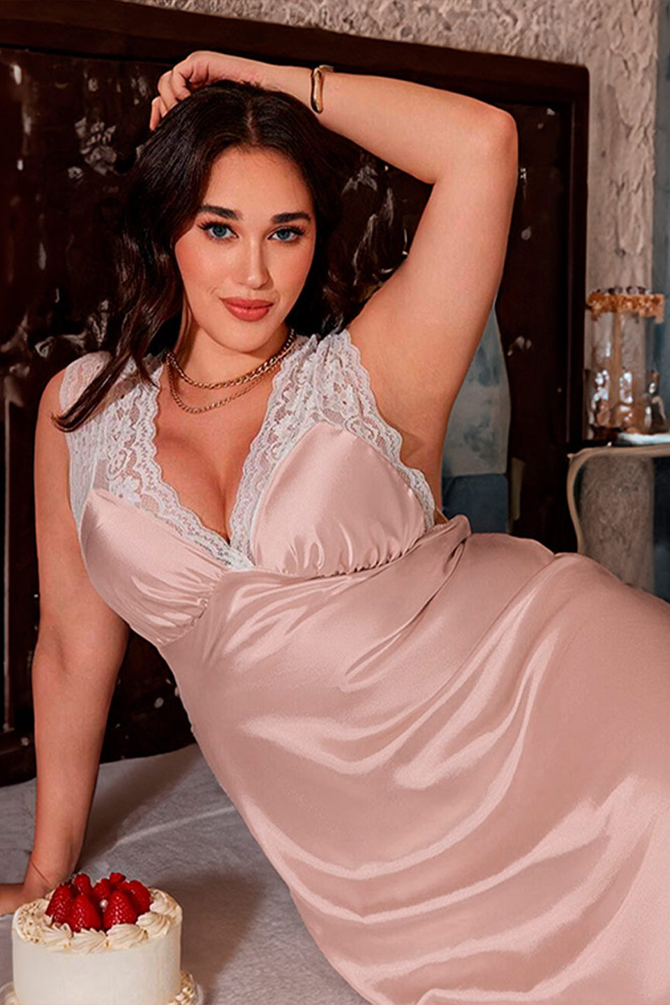 Curveins Plus Size Satin Lace Patchwork Backless Spaghetti Strap Loose Fit Sleep Dress