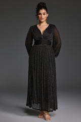 Curveins Plus Size V-Neck Lantern Sleeve Slit Hem Maxi Dress