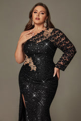 Curveins Plus Size One Shoulder Sequin High Slit Elegant Glamorous Evening Maxi Dress