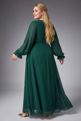 Curveins Plus Size Round Neck Lantern Sleeve Waist-Defining Sequin Panel Slit Maxi Dress