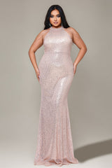 Curveins Plus Size Halter Neck Sleeveless Sequin Bodycon Maxi Dress
