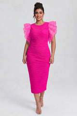 Curveins Plus Size Ruffle Sleeve Color Block Bodycon Midi Dress Elegant Fit