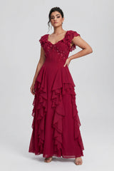 Curveins Plus Size V Neck Short Sleeve Pleated Waist Flowy Tiered Maxi Dress