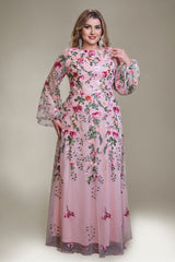 Curveins Plus Size Elegant Round Neck Long Sleeve Mesh Embroidery Maxi Dress