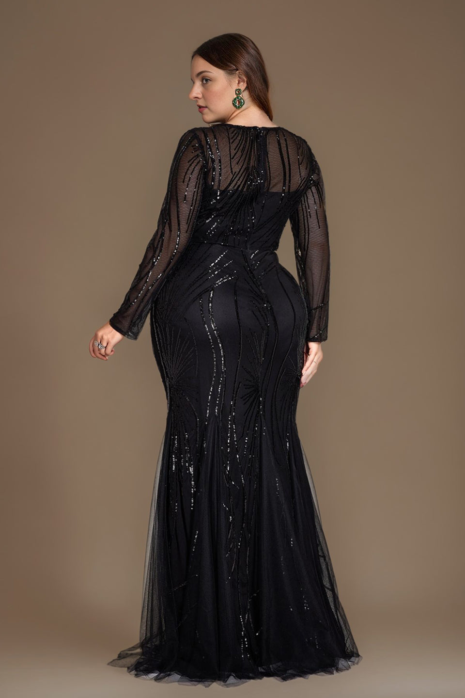 Curveins Plus Size Round Neck Long Sleeve Sequin Bodycon Maxi Dress