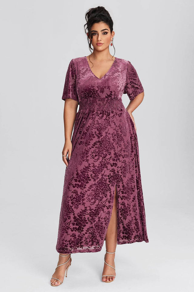 Deep-V Neck Max Velvet Dresses with Flutter Dresses Vintage Mauve Plus Size