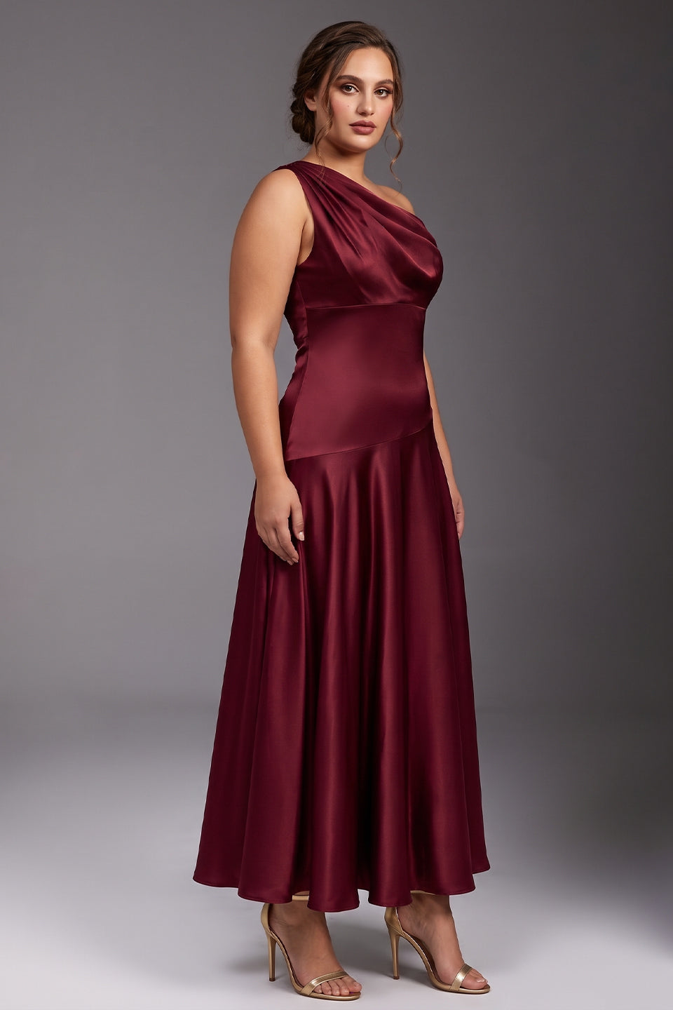 Curveins Plus Size One Shoulder Sleeveless Cinched Waist Elegant Maxi Dress