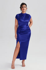 Curveins Plus Size Satin High-Waisted Ruched Slit Maxi Dress