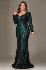 Curveins Elegant Plus Size V-Neck Floral Long Sleeve Sequin Bodycon Dress