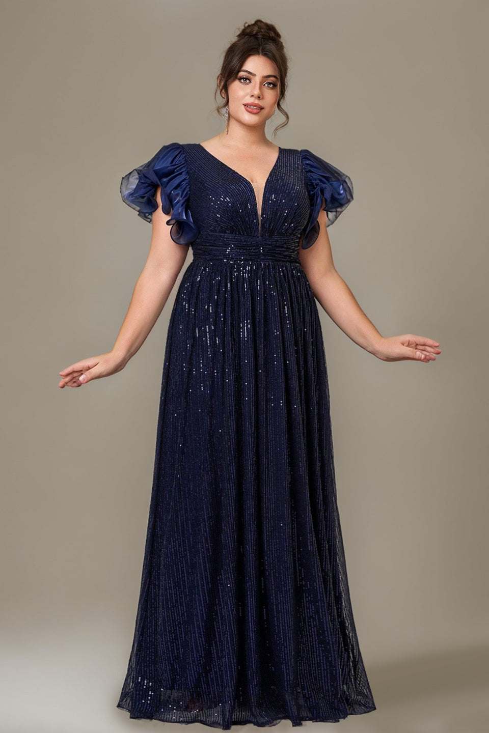 Curveins Plus Size Designer Lace Detail Sequin Short Sleeve Long Dress