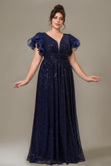 Curveins Plus Size Designer Lace Detail Sequin Short Sleeve Long Dress