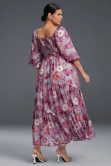 Curveins Plus Size V-Neck Flower Print Pleated Maxi Dress
