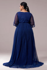 Curveins Plus Size V-Neck Long Sleeve Slit Waist-Defined Maxi Dress