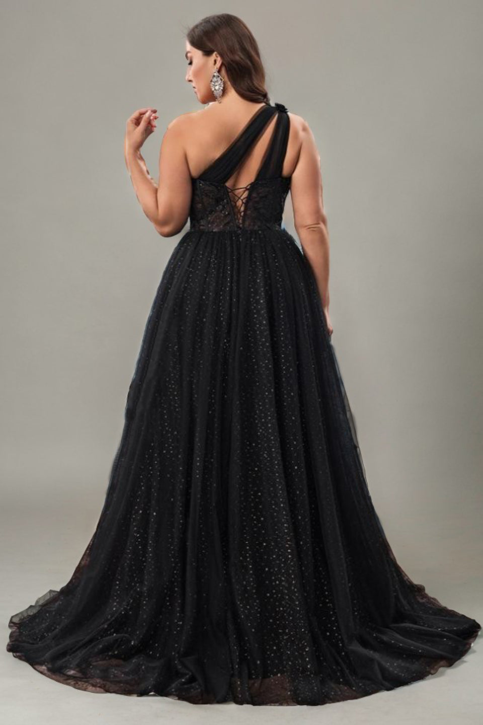 Curveins Plus Size One-Shoulder Waist-Defined Slit Back Cutout Maxi Dress