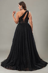 Curveins Plus Size One-Shoulder Waist-Defined Slit Back Cutout Maxi Dress