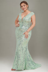 Curveins Plus Size V Neck Sequin Pattern Bodycon Mermaid Train Maxi Dress