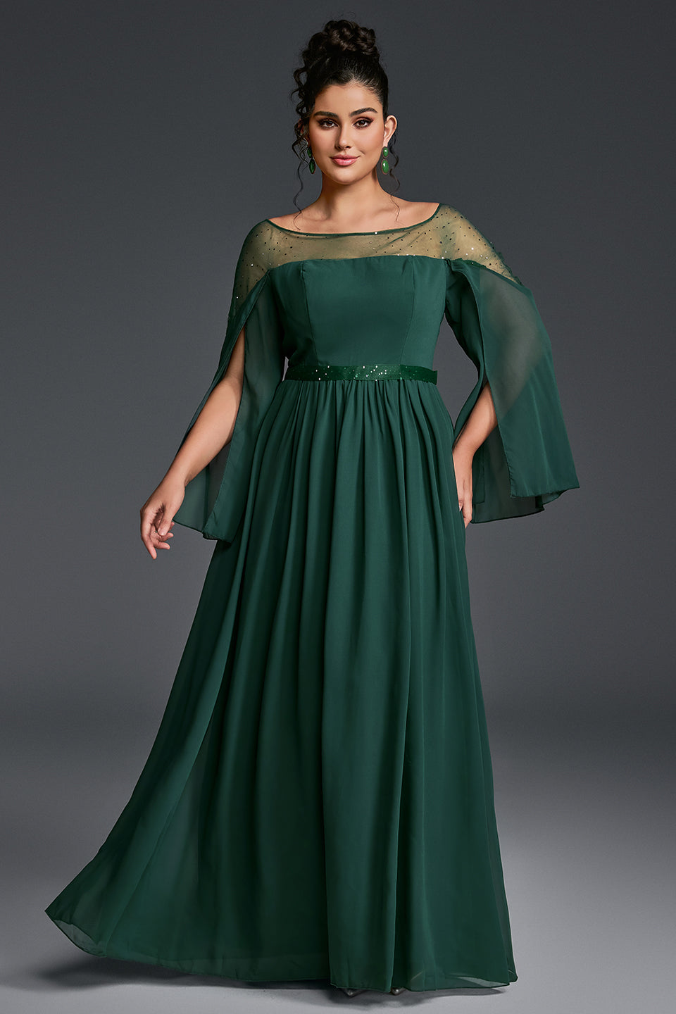 Curveins Plus Size Round Neck Long Sleeve Cinched Waist Maxi Dress
