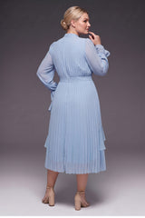 Curveins Plus Size Long Sleeve Ruffle Detail Pleated Asymmetrical Hem Midi Dress