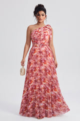 Curveins Plus Size Elegant Striped One Shoulder Cinched Waist Flowy Maxi Dress