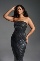 Curveins Plus Size Strapless Metallic Rhinestones Sequin Maxi Dress