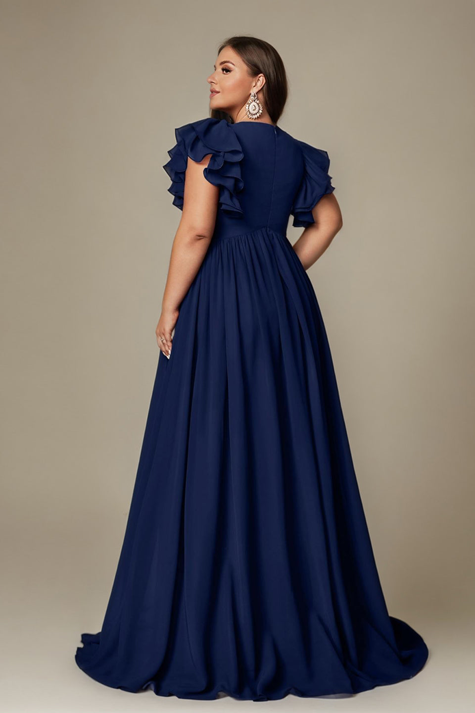 Curveins Plus Size V-Neck Ruffle Sleeve Split A-Line Maxi Dress