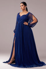 Curveins Plus Size V-Neck Long Sleeve Slit Waist-Defined Maxi Dress