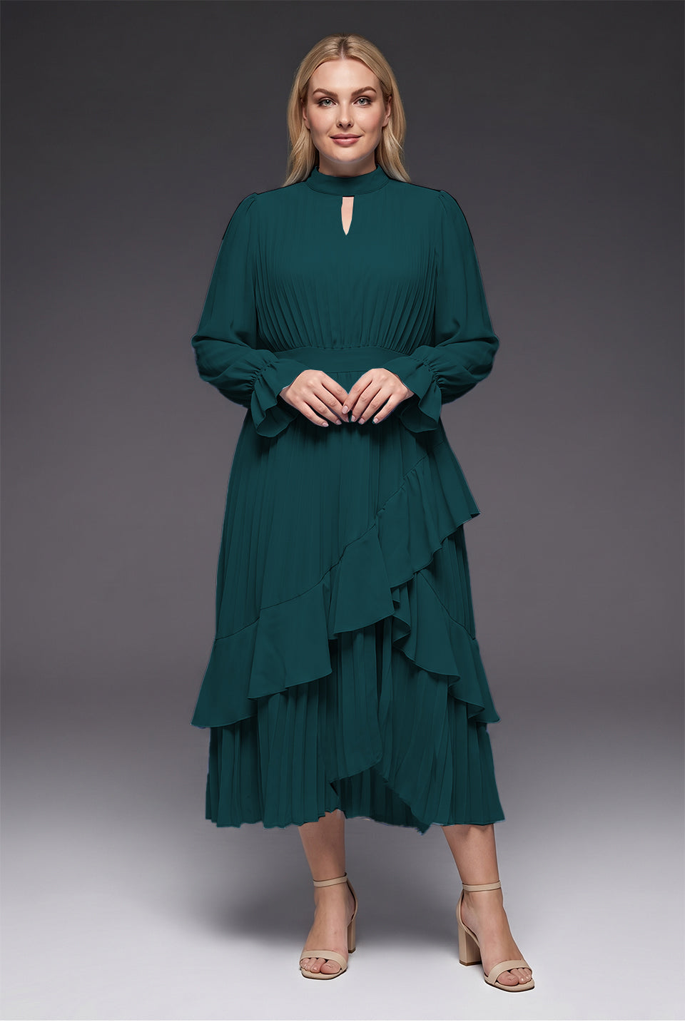 Curveins Plus Size Long Sleeve Ruffle Detail Pleated Asymmetrical Hem Midi Dress