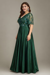 Curveins Plus Size V Neck Sequin Floral Patchwork Elegant Flowy Maxi Dress