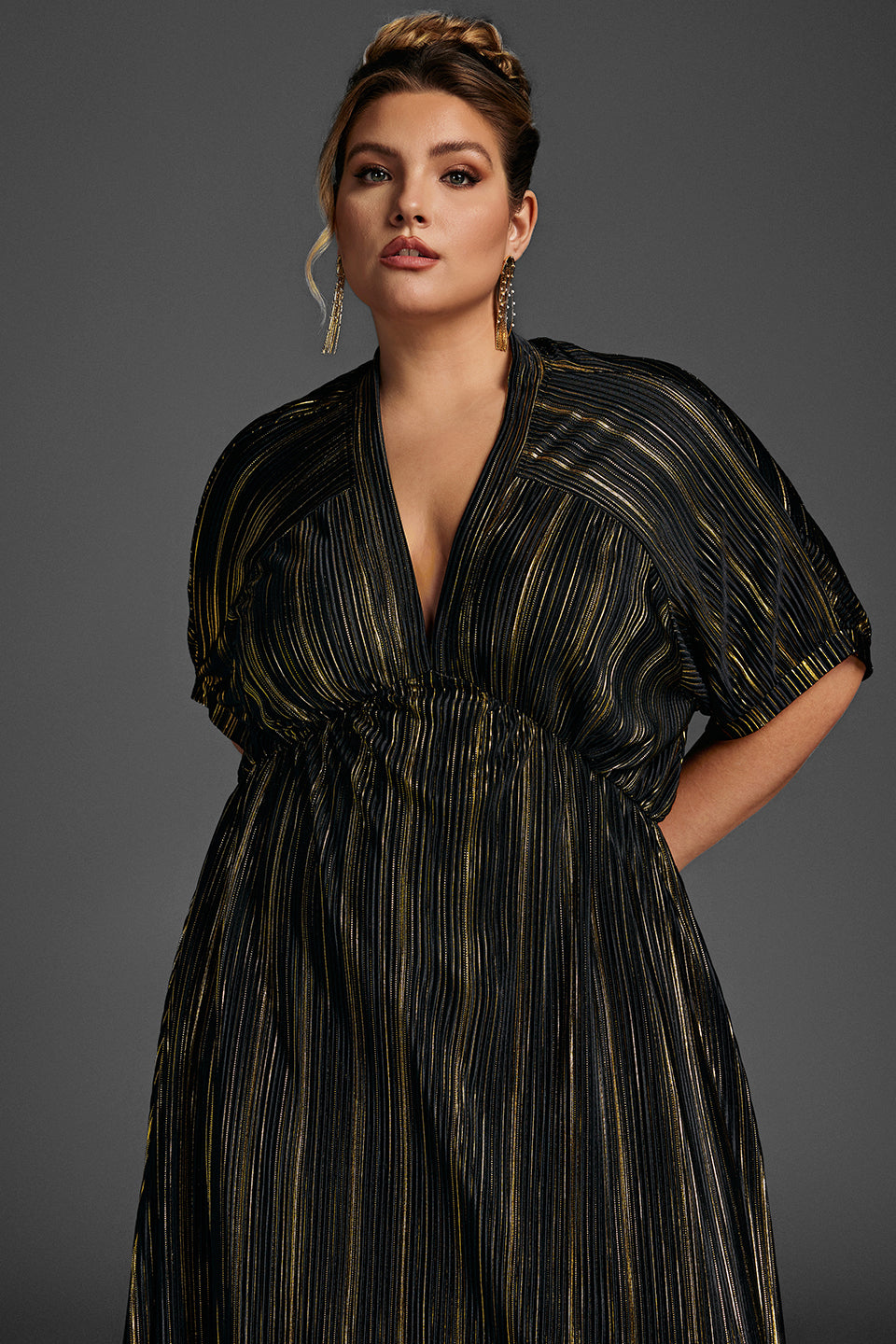 Curveins Plus Size V-Neck Striped Asymmetric Hem Dress