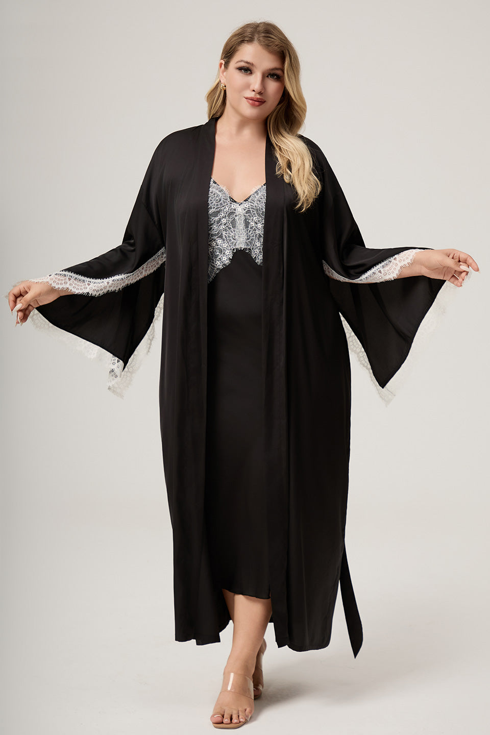 Curveins Plus Size Open-Sleeve Lace Top and Nightwear Set, Comfortable Stylish Lounge Outfit