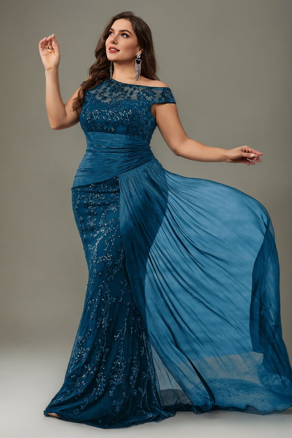 Curveins Plus Size One Shoulder Sleeveless Embroidered Sequin Patchwork Bodycon Maxi Dress