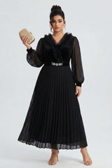 Curveins Plus Size Elegant Black V-Neck Pleated Maxi Dress with Crystal Belt