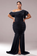 Curveins Plus Size Asymmetric Shoulder Slim-Fit Front Slit Long Dress