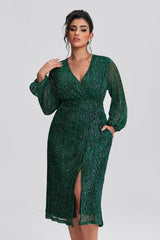 Curveins  Plus Size Pocket Patchwork Mesh Sequin Slit Midi Dress