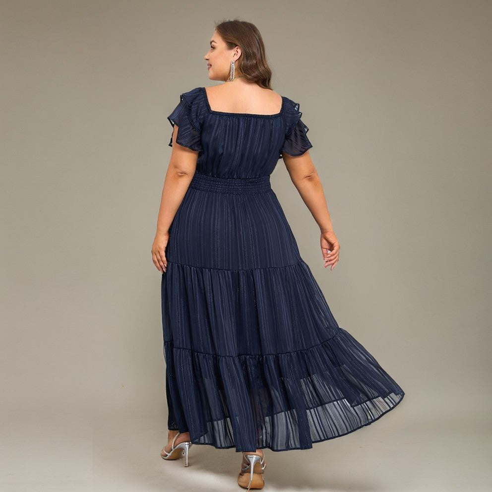 Curveins Plus Size Off Shoulder Ruffle Sleeve Elastic Waist Maxi Dress
