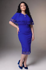 Curveins Plus Size Round Neck Hollow Lace Cape Overlay Bodycon Midi Dress