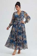 Curveins Plus Size V Neck Long Sleeve Floral Waist Maxi Dress